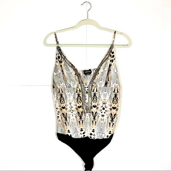 bebe Tops - Bebe Embellished Plunge Animal Print Bodysuit